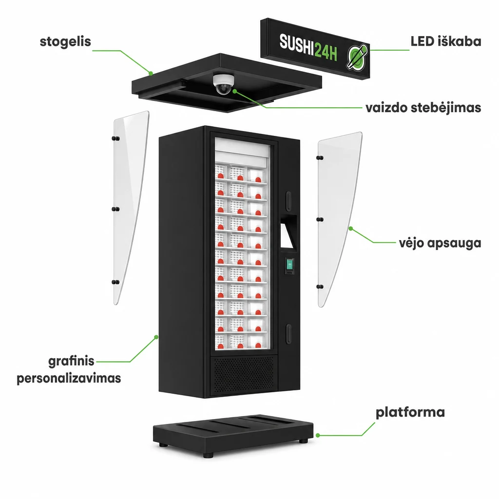 Maisto pardavimo automato konstrukcijos schema: stogelis, LED iškaba, vaizdo stebėjimas, vėjo apsauga, grafinis personalizavimas ir platforma