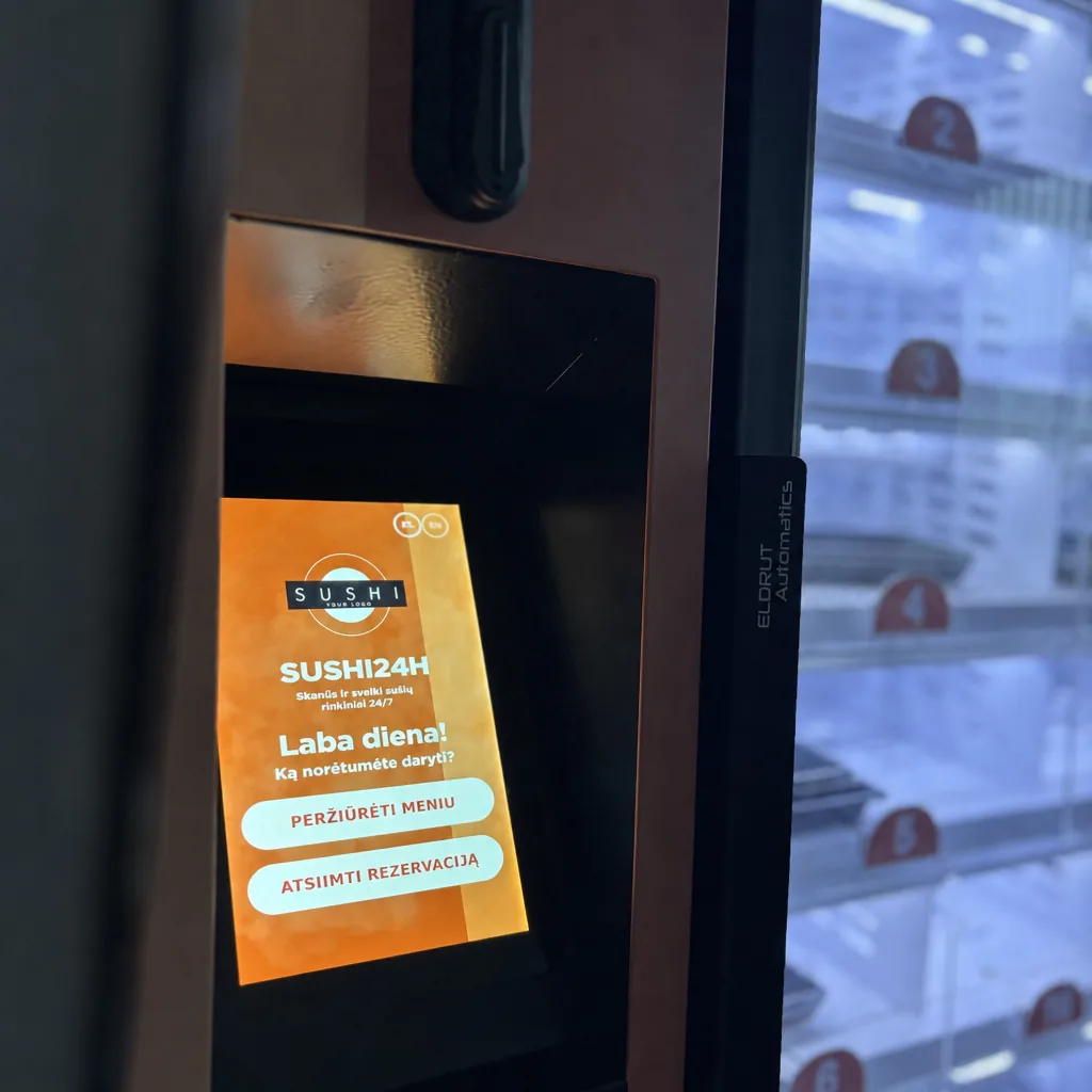 Maisto automato liečiamas valdymo ekranas lietuvių kalba