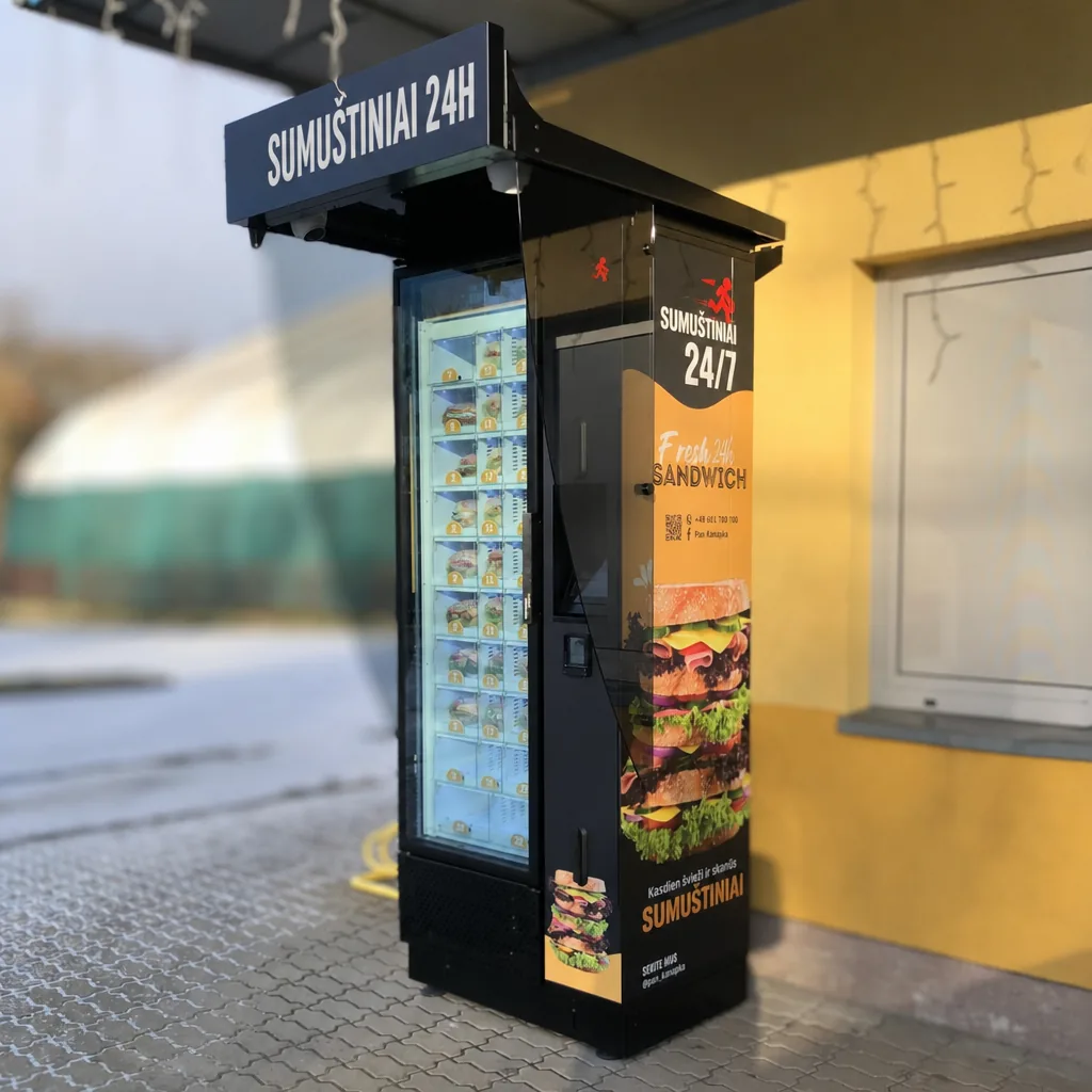 Sumuštinių pardavimo automatas 24H lauko komplektacijoje su stogeliu