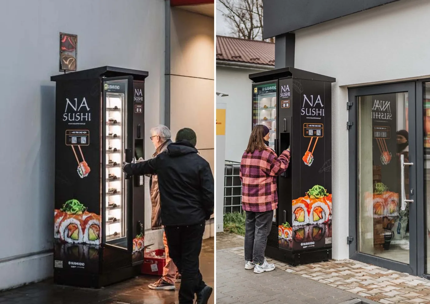 Pirkėjai perka sušius iš maisto pardavimo automatų prie parduotuvės