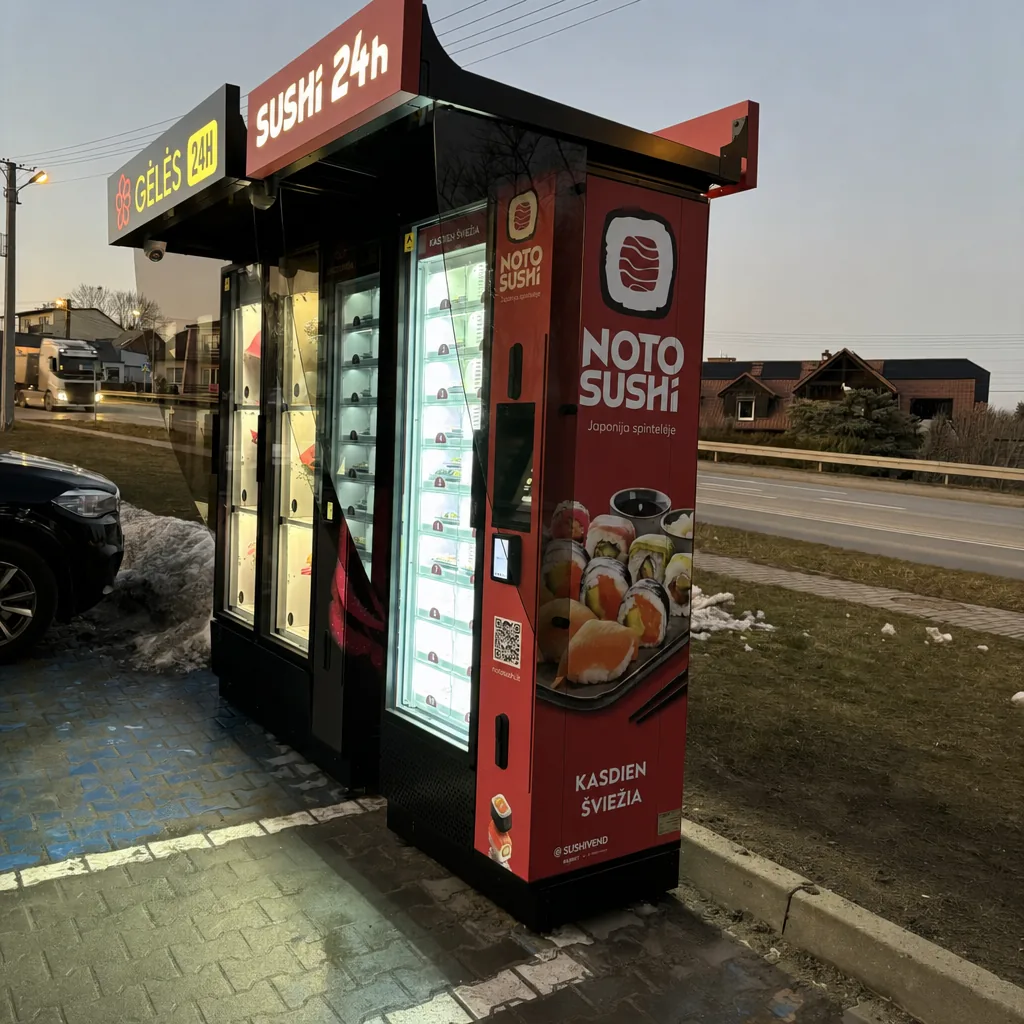 Sušių pardavimo automatas veikia naktį – maisto prekyba 24/7 be pardavėjo