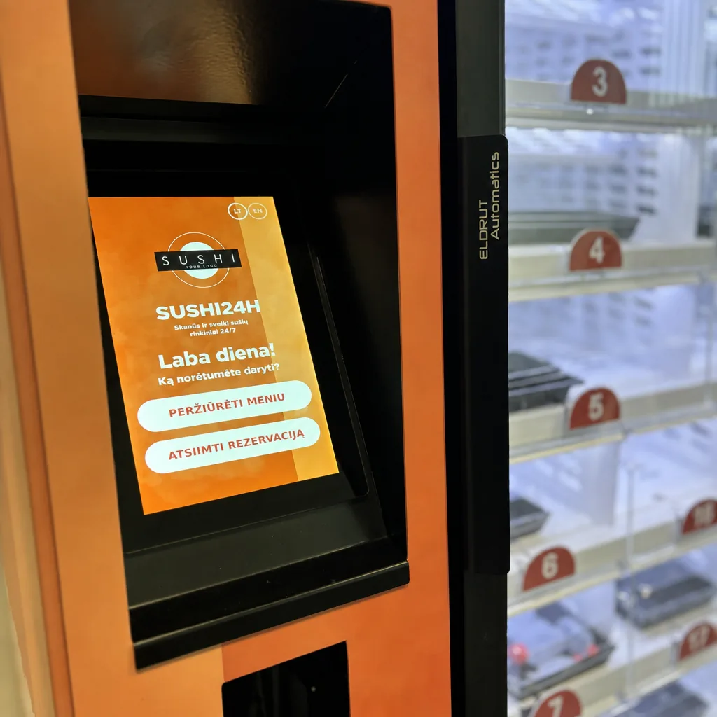 Sušių automato liečiamas ekranas su pasisveikinimo langu lietuvių kalba