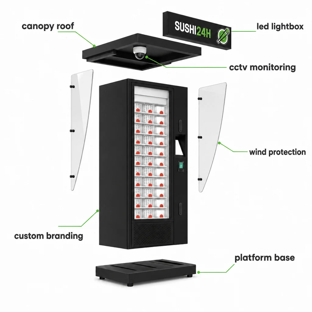 Food vending machine construction diagram: canopy roof, LED lightbox, CCTV monitoring, wind protection, custom branding and platform base